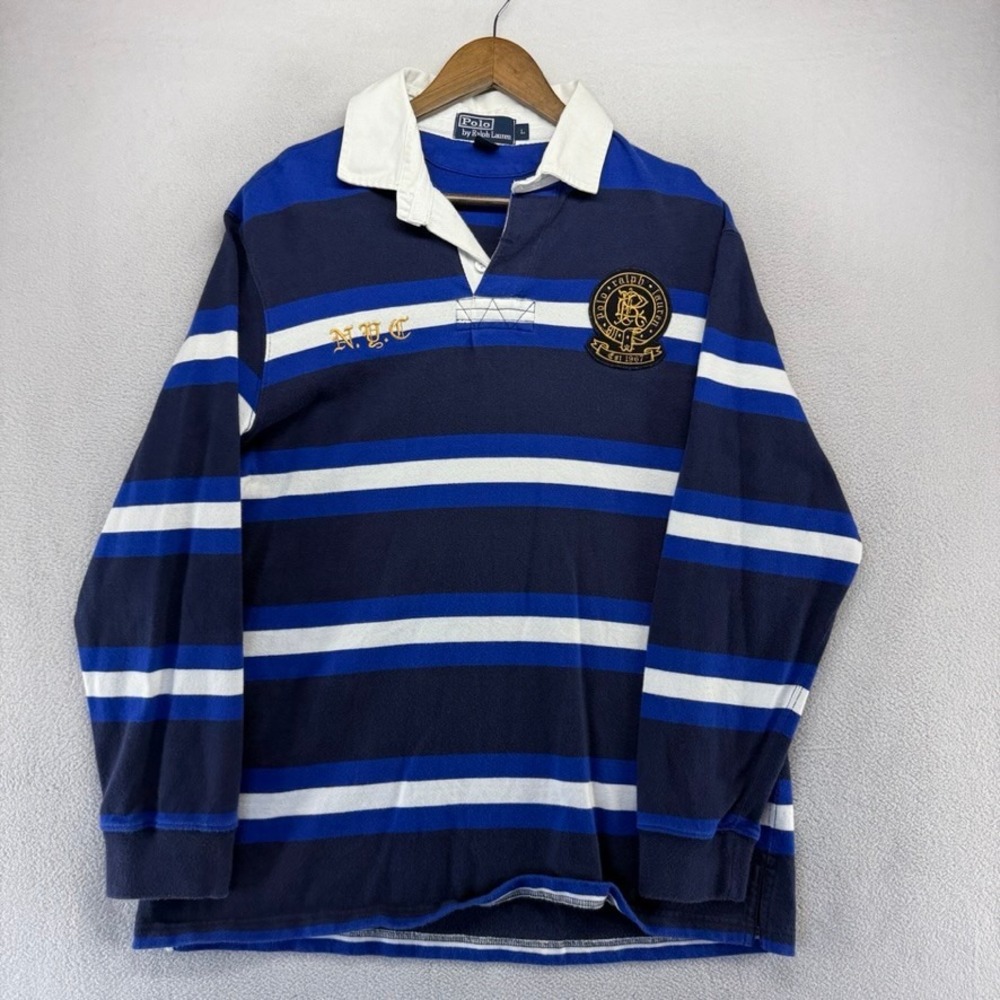 Vintage Ralph Lauren Rugby Shirt Mens Large Blue NYC Crest Colorblock Logo 90s